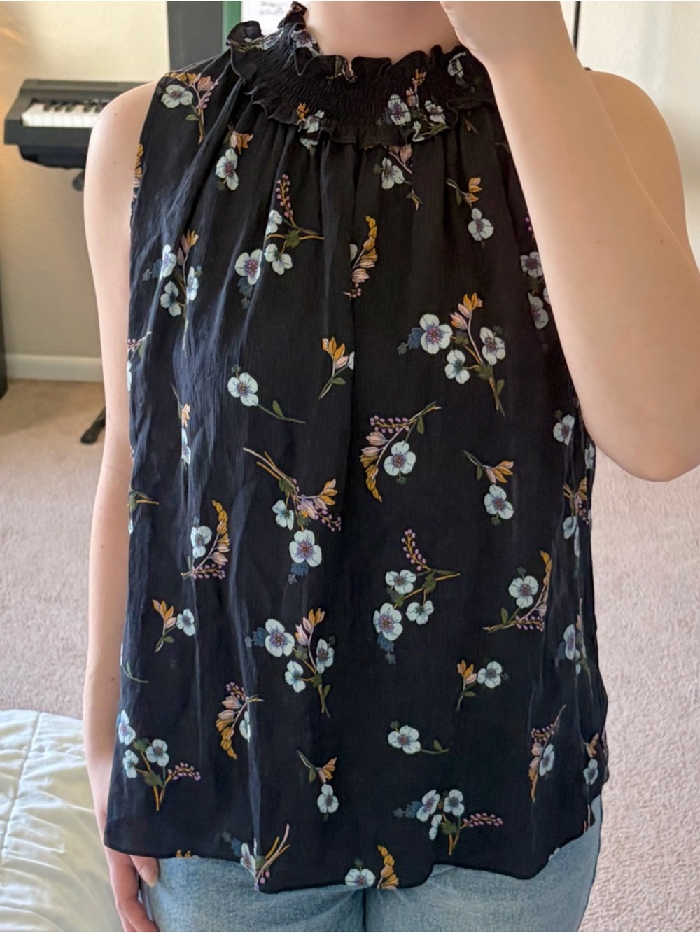 Rebecca Taylor Navy Blue Floral Smocked Neck Sleeveless Blouse